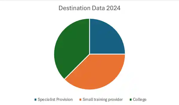 Pie chart showing student destinations in 2024; Orange is small training provider, green is college, while blue is specialist provision.